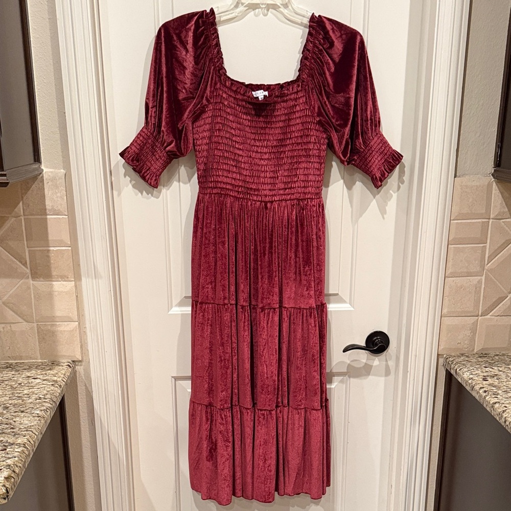 Baltic Born Marsala Velvet Smocked Midi Dress